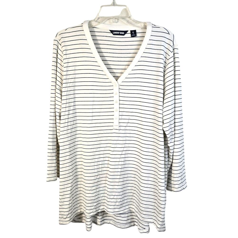 Lands End Blouse Women's XL Navy Cream Stripe Soft Nautical Coastal Casual